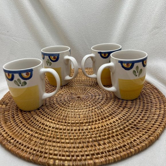 Set of 4 TALAVERA by Philippe Richard Coffee Mug Cup Yellow Blue Floral Vintage - Picture 4 of 9